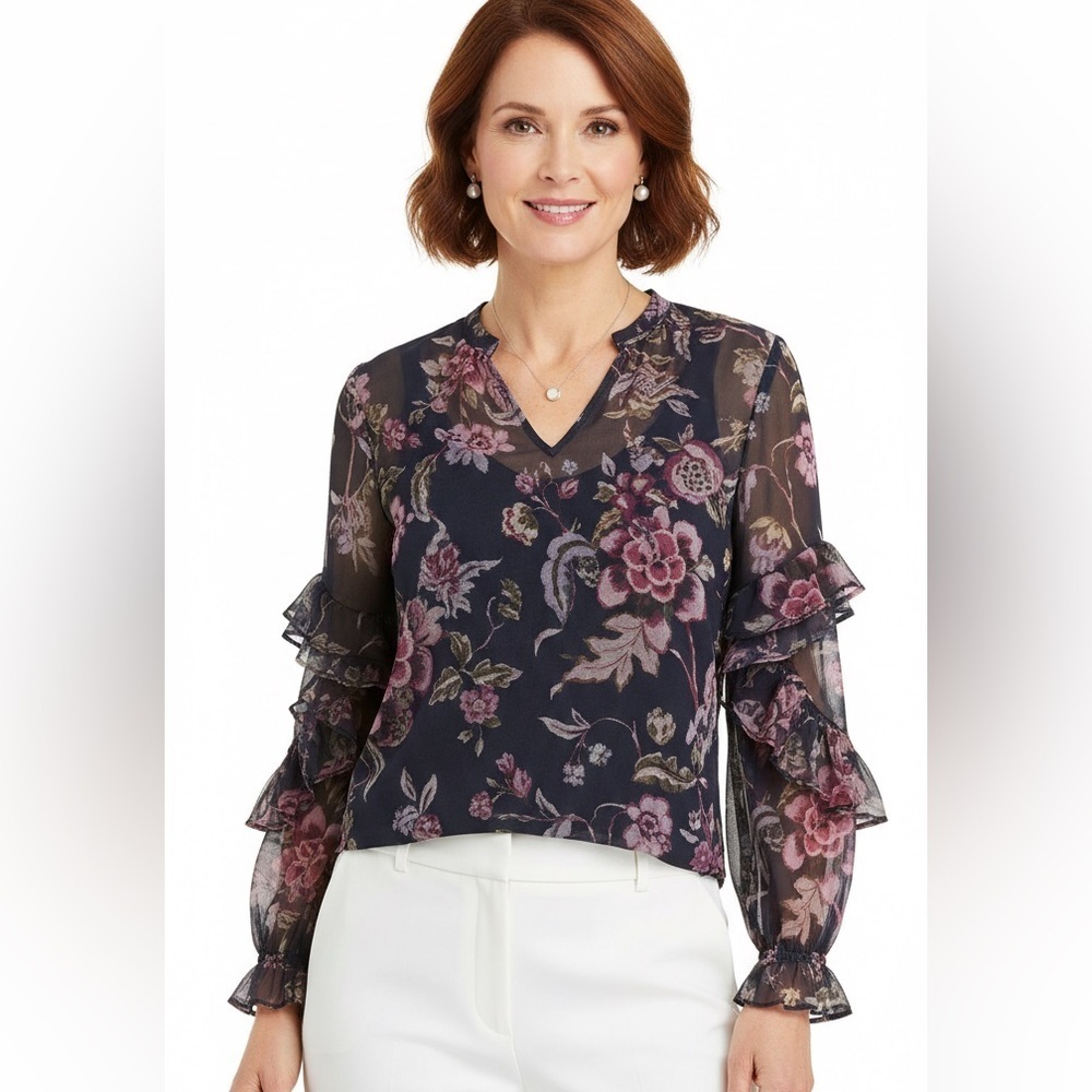 Chico’s Sheer Floral Ruffle Sleeve Blouse Romantic Navy & Pink V-Neck Size 16/18